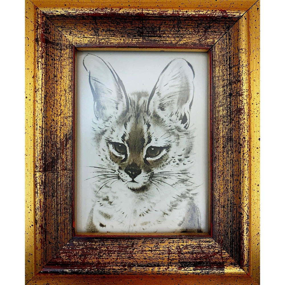 Cat Miniature Art Drawing in Lavish Gold Frame Iron Tabletop Easel Vintage 90s - Picture 2 of 10